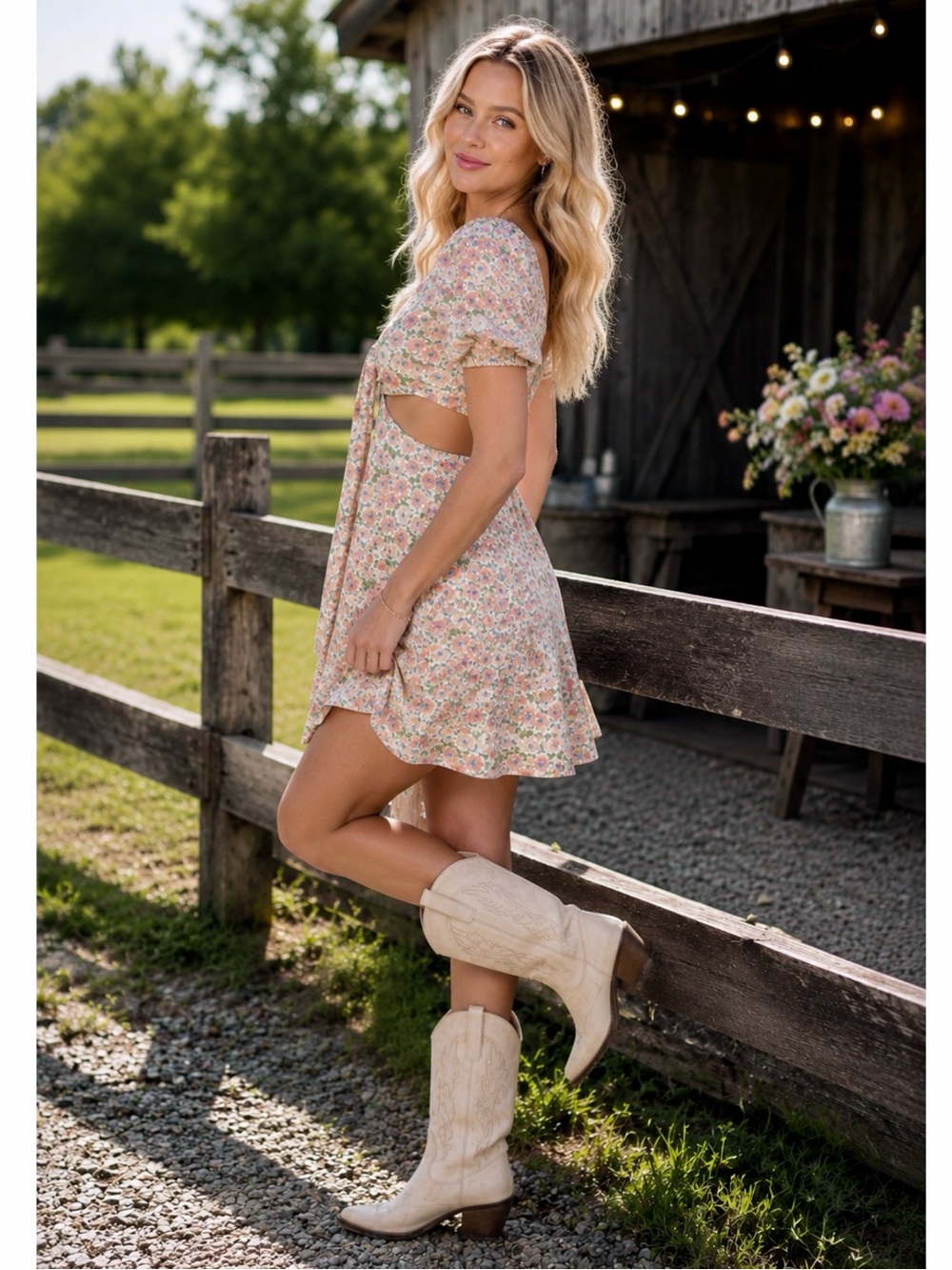 Lumiere Sage Banana Floral Cutout Puff Sleeve Mini Dress Cottagecore Party s/m/L - Picture 3 of 9